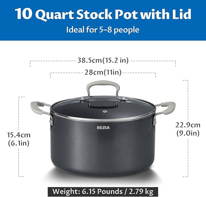 10 Quart Nonstick Stock Pots with Lid, BEZIA Ceramic Soup Pot with Lid, Induction Ready, Cooking Pots with Silicone Handle, Large Pot for Cooking, Compatible with All Cooktops, Dishwasher Safe