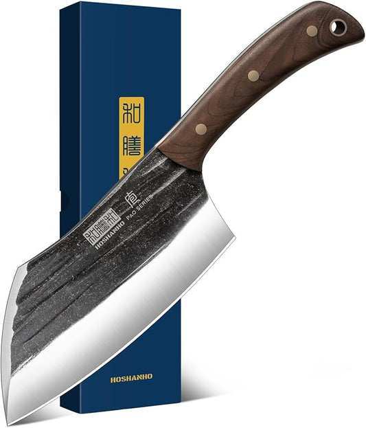 HOSHANHO 6 Inch Cleaver Knife, Hand Forged Vegetable Meat Cleaver, Full Tang Chopper Butcher Knife for Meat Cutting for Kitchen, Outdoor Cooking, Camping