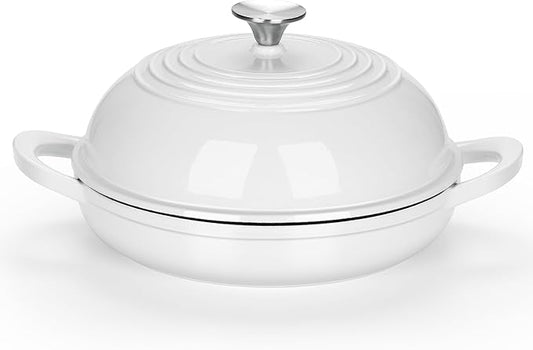 E-far Dutch Oven for Sourdough Bread Baking, 6 Qt Round Enameled Cast Iron Dutch Oven for Homemade Artisan Bread, Dome Lid & Shallow Base, Matte Black Interior & Durable, Oven-Safe to 500℉, White
