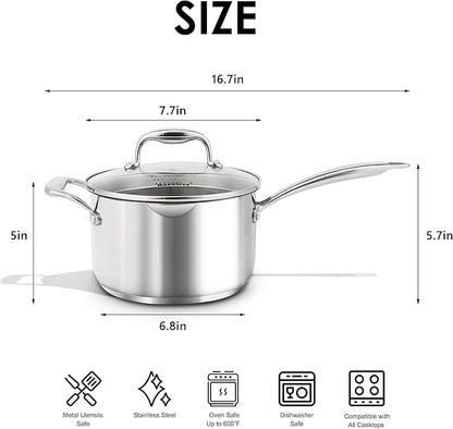 Rorence Stainless Steel Saucepan Sauce Pan with Pour Spout & Glass Lid with Strainer - 3.7 Quart