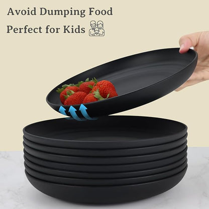Wrova Large Wheat Straw Dinner Plates - 11 Inch Unbreakable Set of 8 - Dishwasher & Microwave Safe, Deep Edge for Kitchen and Camping (Black)