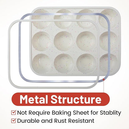 Silicone Muffin Pan, Metal Reinforced Frame Cupcake Pan 12 Cups Regular Size Easy to Move in or Out of Oven Non-Stick (1)