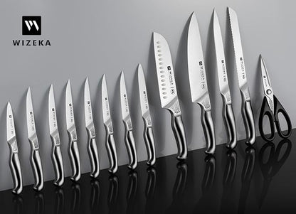WIZEKA Kitchen Knife Set with Block: 15PCS German Stainless Steel Knife Block Set,One-Piece Design Knives Set for Kitchen, Professional Knife Set with Built-in Sharpener,Starry Sky Series
