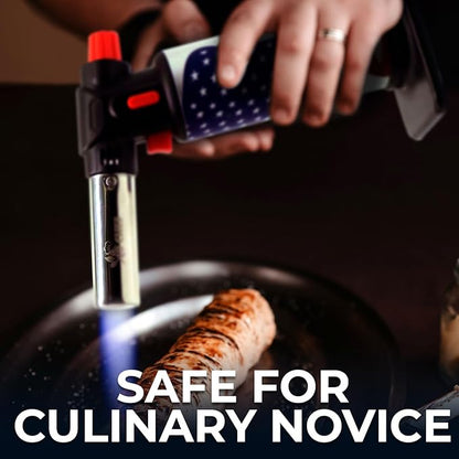 Jo Chef Kitchen Torch with Butane Included – Refillable Lighter with Safety Lock & Adjustable Flame, Blow Culinary Torch for Cooking, BBQ, Creme Brulee, DIY and Soldering - 1 Can (5.07oz) Included