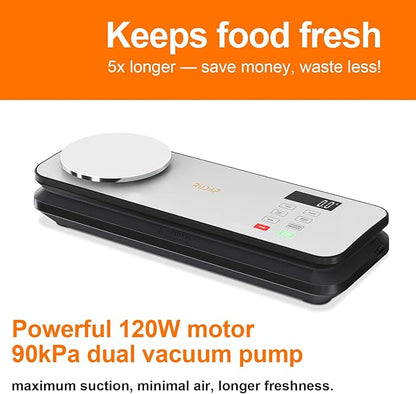 Vacuum Sealer for Food, 90kPA Powerful Food Saver Vacuum Sealer Machine with Digital Kitchen Scale, 12-in-1 Food Vacuum Sealer with Dry & Moist Food Modes, 10 pcs & 1 Roll Vacuum Bags, Starter Kits
