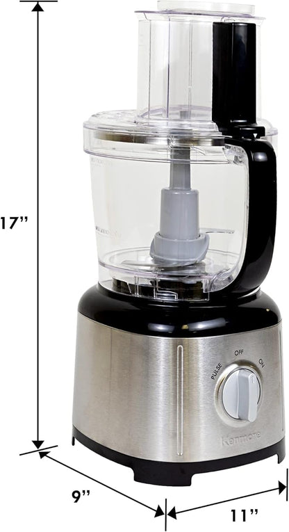 Kenmore 11 Cup Food Processor - Vegetable & Fruit Salad Cutter, Multifunctional, 500 W, Chopper, Slicer, Mincer, Puree, Grater, Blades, Shredder, Compact Stainless Steel Kitchen Appliances, Black