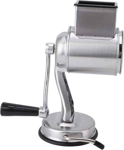 Manual Cheese Grater Stainless Steel Kitchen Hand Crank Grinder with 5 Interchangeable Blades and Handle for Vegetable Nut Potato (Silver)