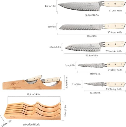 NANFANG BROTHERS Damascus Kitchen Knife Set,6 Pieces Drawer Knife Set,ABS Ergonomic Handle for VG10 Steel Professional Chef Knives Set with Block