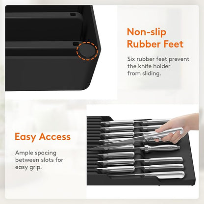 Lifewit Magnetic Drawer Knife Organizers Insert, Kitchen Plastic In Drawer Knife Block Slots for 16 Knives and 1 Sharpening Steel, Extra Large Steak Chefs Knives Holder Storage Sets, Black