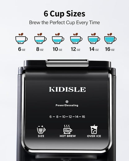 Hot & Iced Single Serve Coffee Maker, K Cup Pod Coffee Maker Compatible with Grounds, Reusable Filter, 6–16oz Brew Sizes, Large 40oz Water Tank, Easy to Use, Black