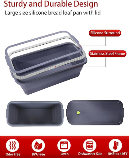 Large size foldable silicone bread loaf pan with lid,11x4.7 Inch easy to store non stick Bread Baking Pans,Sourdough Bread Pan with Baking Tool Supplies Kit for Homemade Bread, Cake