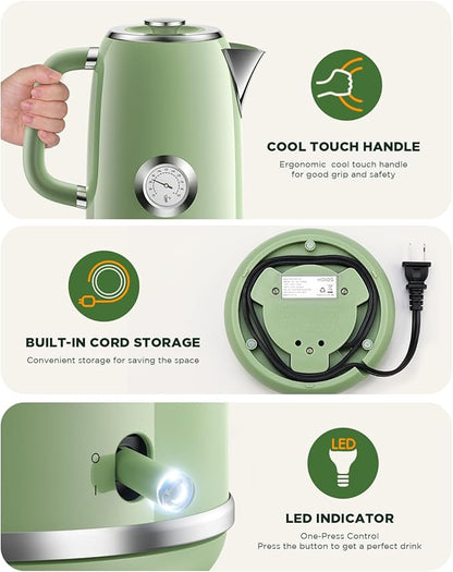 Electric Kettle 1.8L with Temperature Gauge, 1500W Fast Boiling Electric Tea Kettle, 100% Stainless Steel Retro-Style Hot Water Kettle Electric - Glowing LED Light, Auto Shut-Off & Boil-Dry Protection