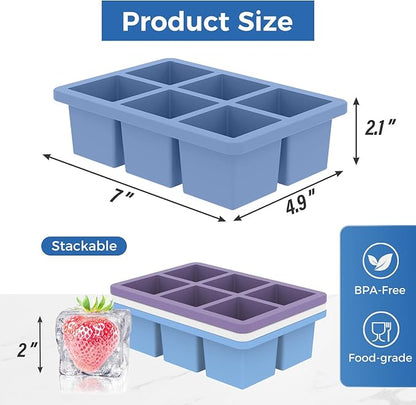 mossime Large Ice Cube Molds: 3pack Square Whiskey Silicone Ice Cube Trays With Lid - Old Fashioned Cocktail Big Ice Cube Tray- 2inch Easy Release Freezer Maker for Baby Food Soup & Juice