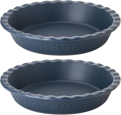 Fun Elements Ceramic Pie Pan, 9 Inch Pie Dish for Baking, Ruffled Pie Plate, Non-Stick Deep Dish Pie Pan for Apple Pie and Pot Pie, Set of 2, Blue