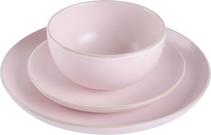Gibson Home Rockaway 12-Piece Round Stoneware Dinnerware Set, Service for 4 – Pink Plates and Bowls, Modern Matte Finish, Microwave & Dishwasher Safe
