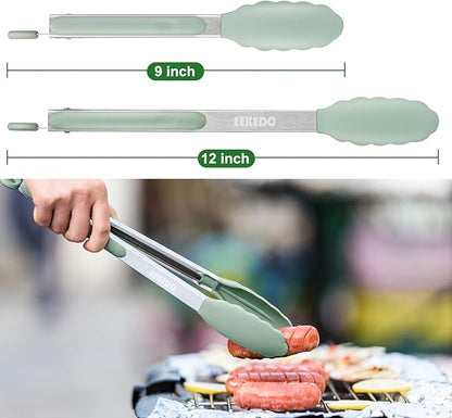 Kitchen Tongs, Stainless Steel Silicone Tongs for Cooking 600ºF High Heat-Resistant BBQ Grilling Locking Tongs, Set of 2-9" and 12" Light Green
