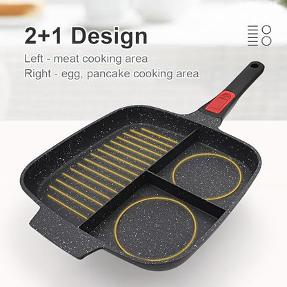 3 Section Grill Pan for Stove Tops with Detachable Handle, Nonstick Versatile Griddle Pan with Lid, Square Skillet PFOA Free, Black