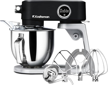 Stand Mixer All Metal - Heavy Duty Kitchen Standing Mixer 5.3 Quart with 4 Stainless Steel Attachments, DC Motor & Multifunctional Power Hub, 8-Speed & Timer, Lower Noise (Black)