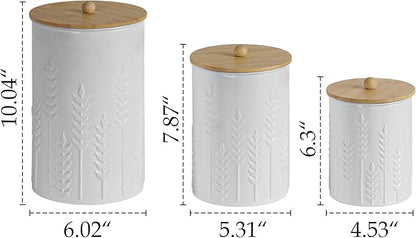 Kitchen Canister Set of 3 Tea Coffee Sugar Containers with Airtight Bamboo Lids Food Flour Storage for Countertop Metal White Ear of Wheat Pattern Embossed Farmhouse Decor