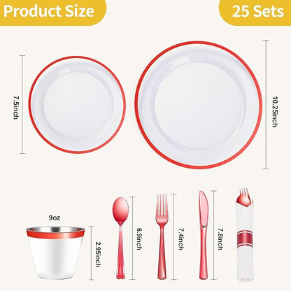 Goodluck 175 Piece Red Plastic Dinnerware Set for Party, Clear Disposable Plates for 25 Guests, Include: 25 Dinner Plastic Plates, 25 Dessert Plates, 25 Pre Rolled Napkins with Cutlery Set, 25 Cups