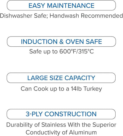 Viking 3-Ply Oval Roasting Pan, 8.5 Quart, Stainless Steel Kitchen Cookware with Metal Induction Lid and Rack, Great for Turkey, Dishwasher and Oven Safe, Silver