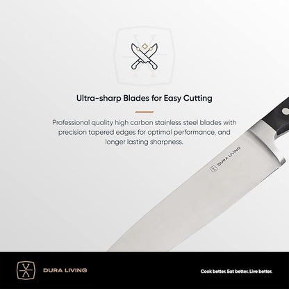 DURA LIVING 8 Inch Professional Chef Knife – High Carbon Stainless Steel, Razor-Sharp, Versatile Cooking & Cutting Kitchen Knife, Ergonomic Handle, Sleek Black Design