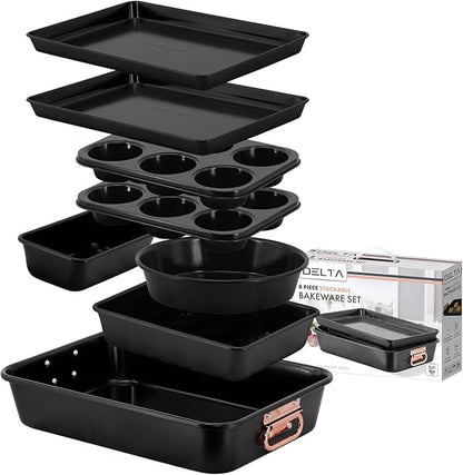 Nonstick Ceramic Bakeware Set – 8 Piece Baking Pans Set, Oven Safe to 450°F, Includes Muffin Pans, Cookie Sheets, Loaf, Roaster, Round & Square Pans, BPA-Free