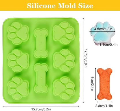 2 Pack Puppy Dog Paw and Bone Shaped 2 in 1 Silicone Molds, Reusable Non-Stick Ice Cube Trays & Candy Chocolate Molds for Homemade Dog Treats, Pudding & Baking Biscuit (Green Orange)