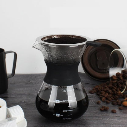 Zopsc 400ml Manual Hand Drip Glass Coffee Maker Pot with Stainless Steel Filter, Marks, Fine Mesh, Suitable for Kitchen, Dining Table, Easy to