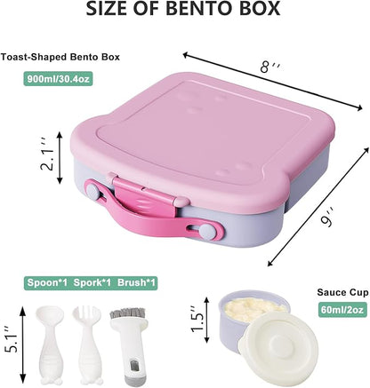Bento Lunch Box for Kids - Toast-Shaped 4-Compartment Lunchable Food Container with Sauce Cup, Utensils & Brush, BPA-Free, Reusable Snack Container with lid, Ideal for School & Travel - Purple