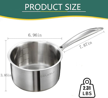 DELARLO Stainless Steel Small Brushed Saucepan With Lid, Induction Cooking Sauce Pot Pans, 18/8 Tri-Ply Heavy Bottom Saucier Cookware, Dishwasher Safe & Oven Safe(2 Quart)