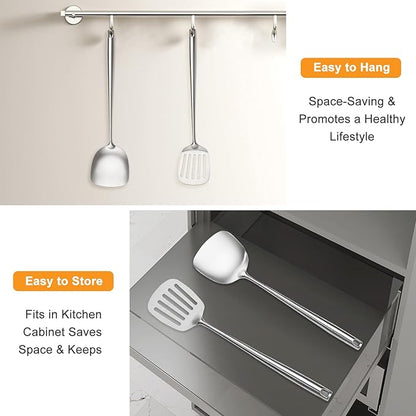 18/10 Stainless Steel Cooking Utensils,2 Pcs All Metal Stainless Steel Kitchen Utensils Set with Wok Spatula,Slotted Spatula Turner(Dishwasher Safe)