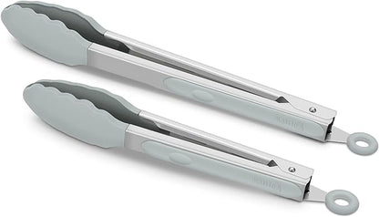 2 Pack Warm Grey Kitchen Tongs, Premium Silicone BPA Free Non-Stick Stainless Steel BBQ Cooking Grilling Locking Food Tongs, 9-Inch & 12-Inch