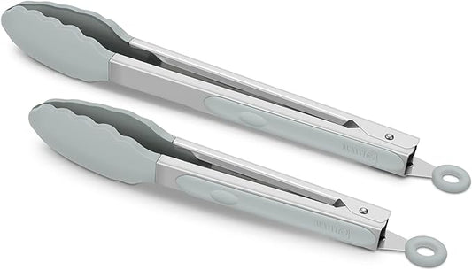 2 Pack Warm Grey Kitchen Tongs, Premium Silicone BPA Free Non-Stick Stainless Steel BBQ Cooking Grilling Locking Food Tongs, 9-Inch & 12-Inch