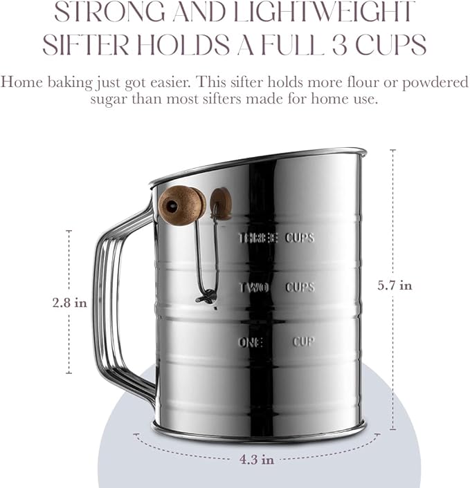 Bellemain 3 Cup Flour Sifter for Baking Fine Mesh Rotary Hand Crank with Loop Agitator for Quick Sifting, Flour Sifter Stainlees Steel