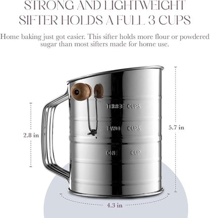 Bellemain 3 Cup Flour Sifter for Baking Fine Mesh Rotary Hand Crank with Loop Agitator for Quick Sifting, Flour Sifter Stainlees Steel