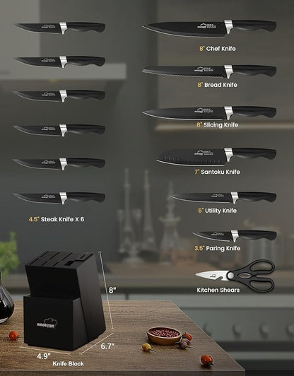 Knife Set, Amorston 15 Pieces Knife Sets for Kitchen with Block, Dishwasher Safe Kitchen Knife Set with Built in Sharpener Block, German Stainless Steel Knife Block Set, Black