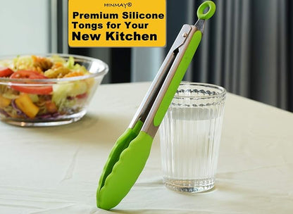 Silicone Tongs 9-Inch Stainless Steel Locking Kitchen Tongs, Set of 3 (Green)