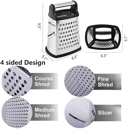 Multifunctional Stainless Steel Grater Slicer with Handle, Large 4 Sides Cutter for Ginger, Garlic, Cucumbers, Carrots, Cheese, Potato，Dishwasher Safe （Black）