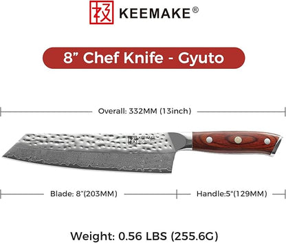 KEEMAKE Damascus Chef Knife 8 inch - Kiritsuke knife with Hammered Damascus Steel Blade Kitchen Knives, Pakkawood Handle Chopping Knife for Meat Cutting, w/Walnut Sheath