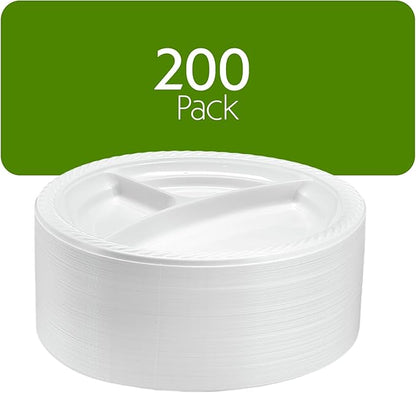 PLASTICPRO 9 inch Round Plastic Plates 3 Compartment - 3 Section Plates Microwaveable, Disposable, White, Dinnerware 200 Count