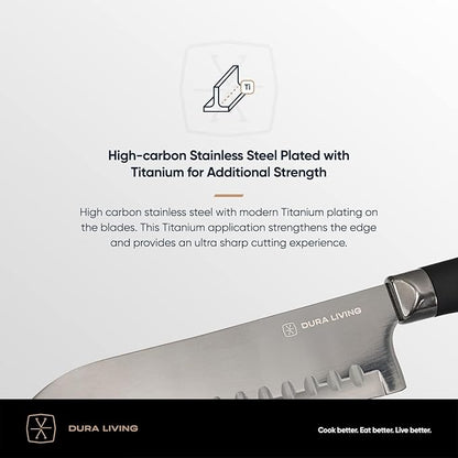 DURA LIVING Steak Knives, Steak Knives Set of 4, Nonstick Titanium High Carbon Stainless Steel Serrated Steak Knife, Soft Grip Handle, With Sheaths, Black Knife Set