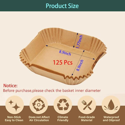 parchment paper for air fryer, 8.9inch square air fryer liners disposable,125PCS Non-stick parchment paper sheets for 8-12QT airfryer liners, Baking, Roasting Microwave