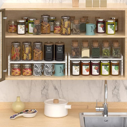 Expandable Cabinet Shelf Rack, Large Kitchen Cupboard Organizer Stackable Cabinet Pantry Shelf, Organization and Storage for Kitchen Bathroom, Metal Plate, White, 3 Pack