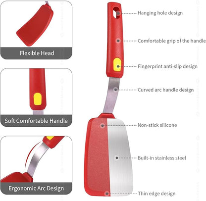 Kitchen Spatulas Silicone Turner Heat Resistant Melt Proof Spatula Set for Nonstick Cookware,Flexible Non Scratch Thin Spatula Wide,Angled and Flipper 3-pack for Frying Eggs,Pancake,Burger,Fish.Red