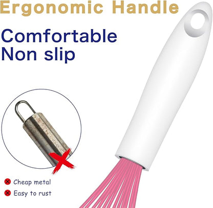 Pink Silicone Whisk, Sealed Waterproof Design Set of 3, Professional Kitchen Whisks for Cooking Non-Scratch, Silicone&Stainless Steel Whisk, Heat Resistant 480°F Rubber wisk, BPA free