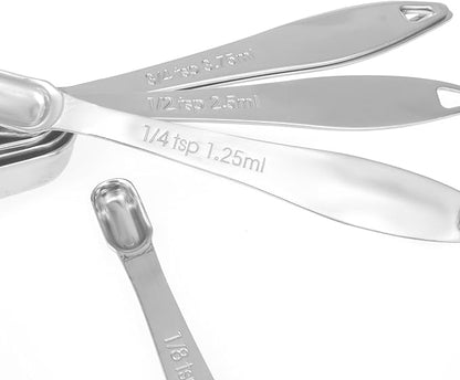 Accurate 18/8 Stainless Steel Measuring Spoons, Heavy Duty Good Handle Set of 6 Measuring Spoon with Ring Connector, Silver
