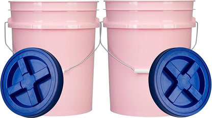 House Naturals Food Grade 5 Gallon Made in USA Plastic Bucket with Air Tight Screw on Lid (Pack of 2) (Pink with Blue Lids)