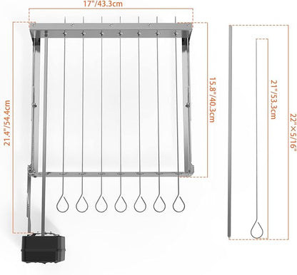 only fire Stainless Steel Electric Skewer Turner, Rotated Grilling Rack Shish Kabob Set with 7 Skewers and Dual-Purpose Rotisserie Motor