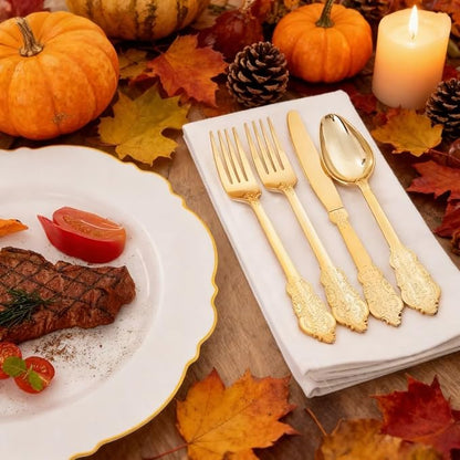WDF 300 Pieces Gold Plastic Silverware Disposable - Heavy Duty Thanksgiving Plastic Cutlery - Gold Silverware Sets Includes 100 Forks, 100 Spoons, 100 Knives